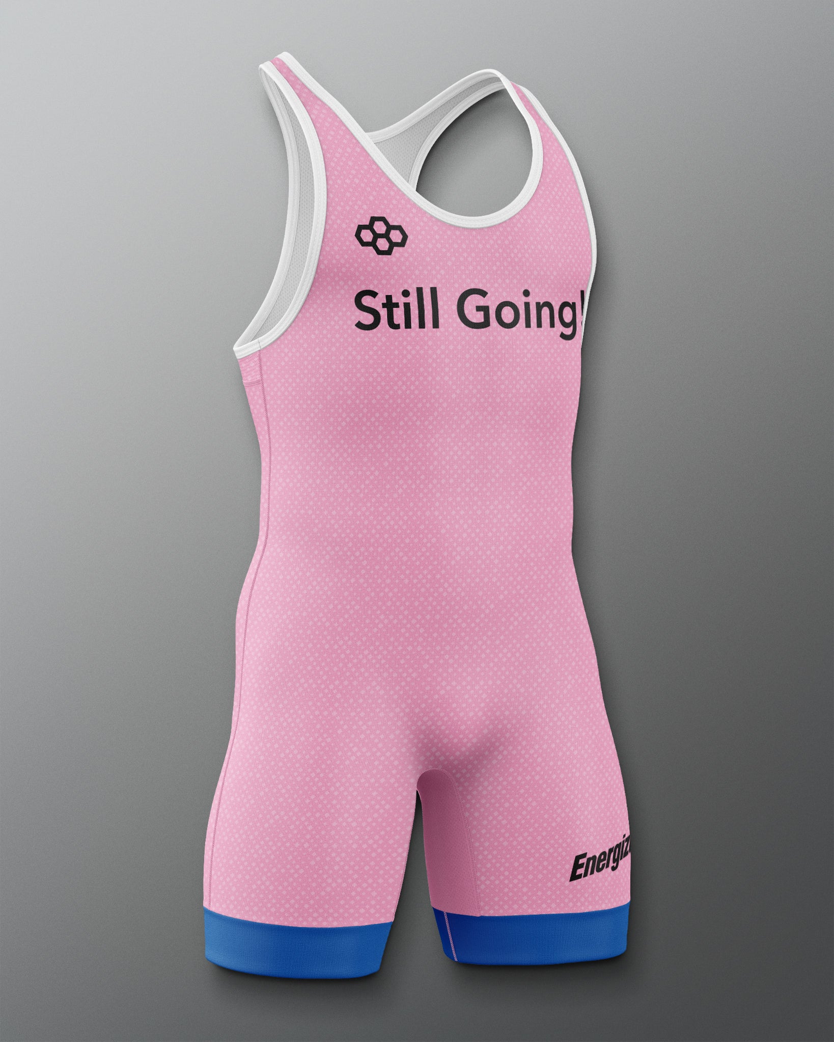 Pink athletic suit with 'Still Going!' text on a gray background