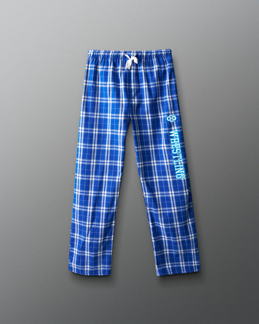 Blue plaid pants with 'Wrestling' text on a gray background