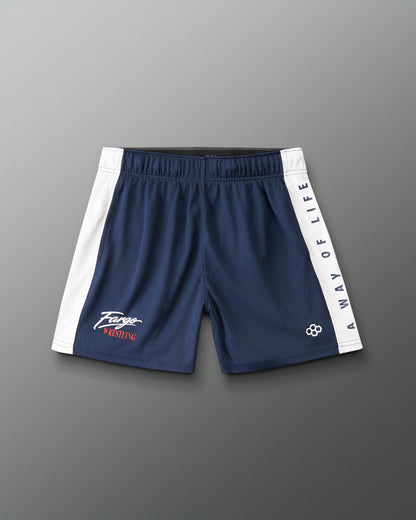 A pair of navy blue athletic shorts with white side panels and white text reading 'A WAY OF LIFE' down one leg, laid flat on a gray background.