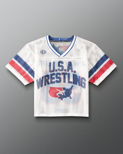 A white mesh short-sleeve V-neck jersey with 'U.S.A. Wrestling
