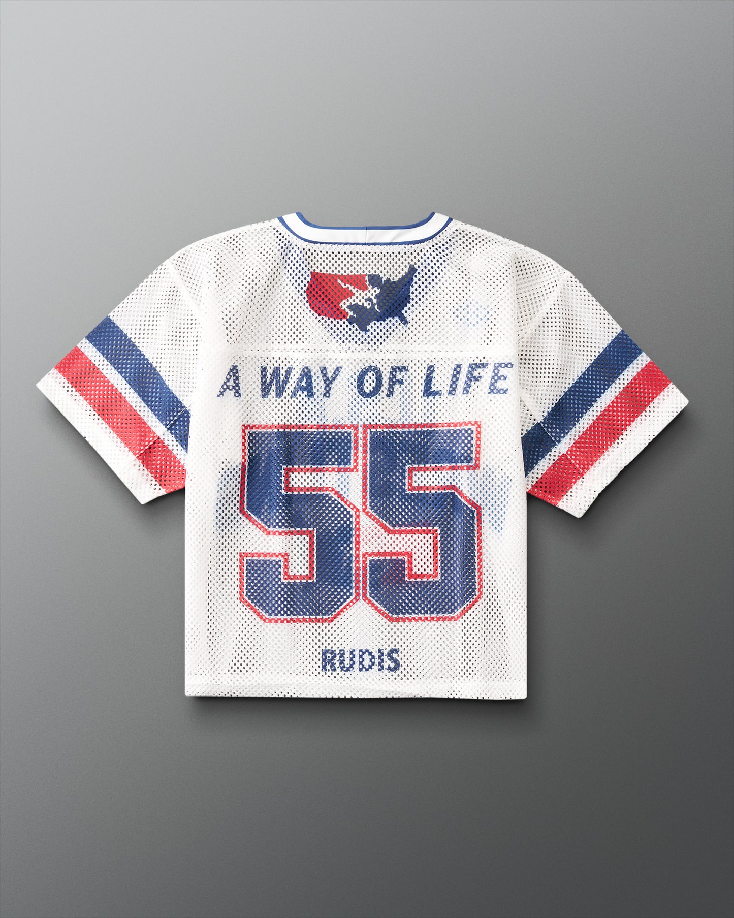A white mesh short-sleeve sports jersey shown flat against a gray gradient background. The back of the jersey features the text 'A WAY OF LIFE' above a large number '55' in navy blue with a red outline, and the name 'RUDIS' printed below.