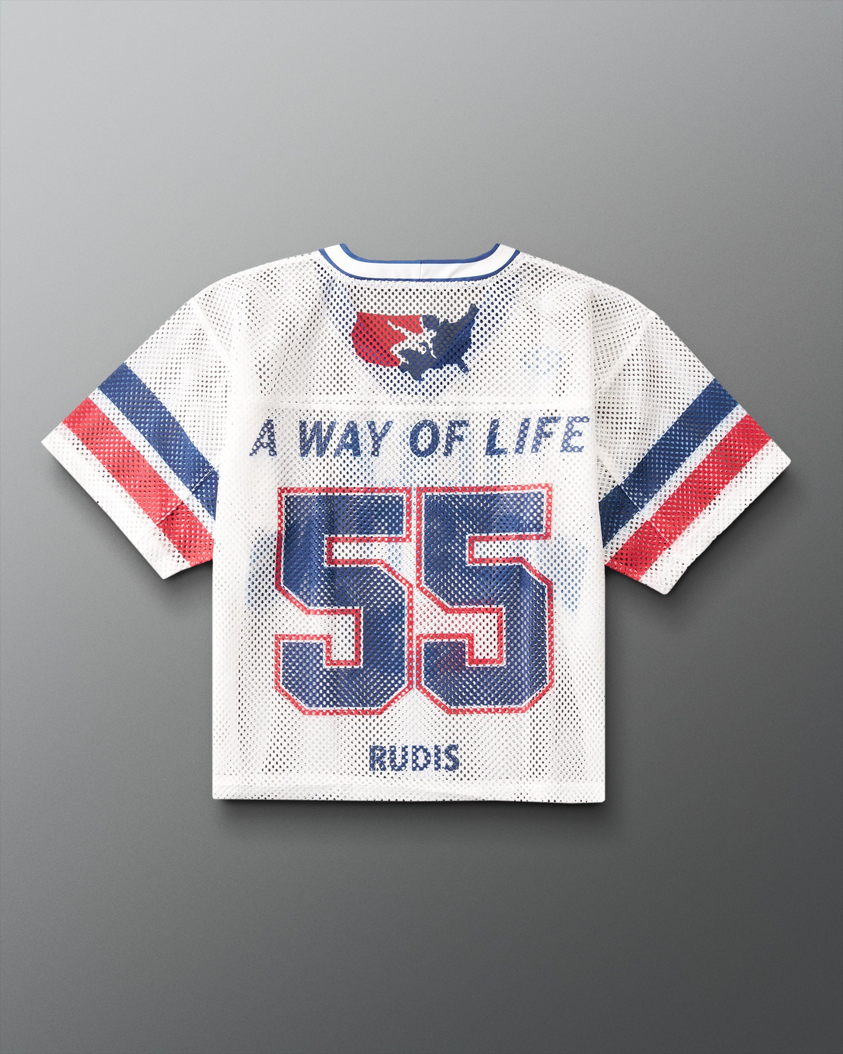 A white mesh short-sleeve sports jersey shown flat against a gray gradient background. The back of the jersey features the text 'A WAY OF LIFE' above a large number '55' in navy blue with a red outline, and the name 'RUDIS' printed below.