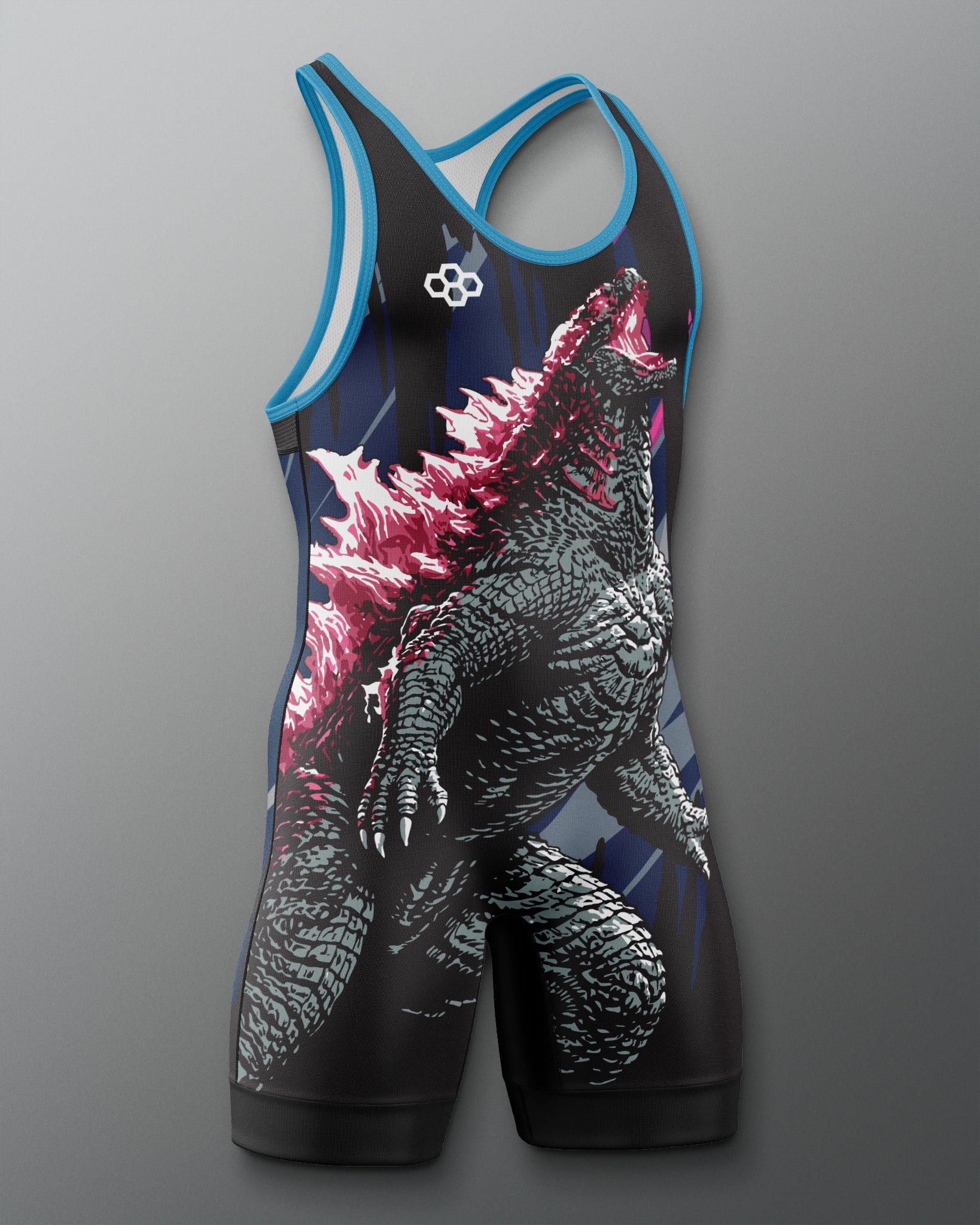 A sleeveless athletic singlet with a large Godzilla graphic print, featuring a black base with blue trim and a pink and white monster design, shown on a gray gradient background.