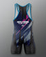 A sleeveless athletic singlet shown from the back on a neutral gray background. The garment features a black base with blue, pink, and white graphic patterns and the text 'GODZILLA-KONG THE NEW EMPIRE' printed across the upper back.