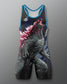 A sleeveless athletic singlet with a large Godzilla graphic print, featuring blue trim and a white logo on the chest, shown against a gray gradient background.