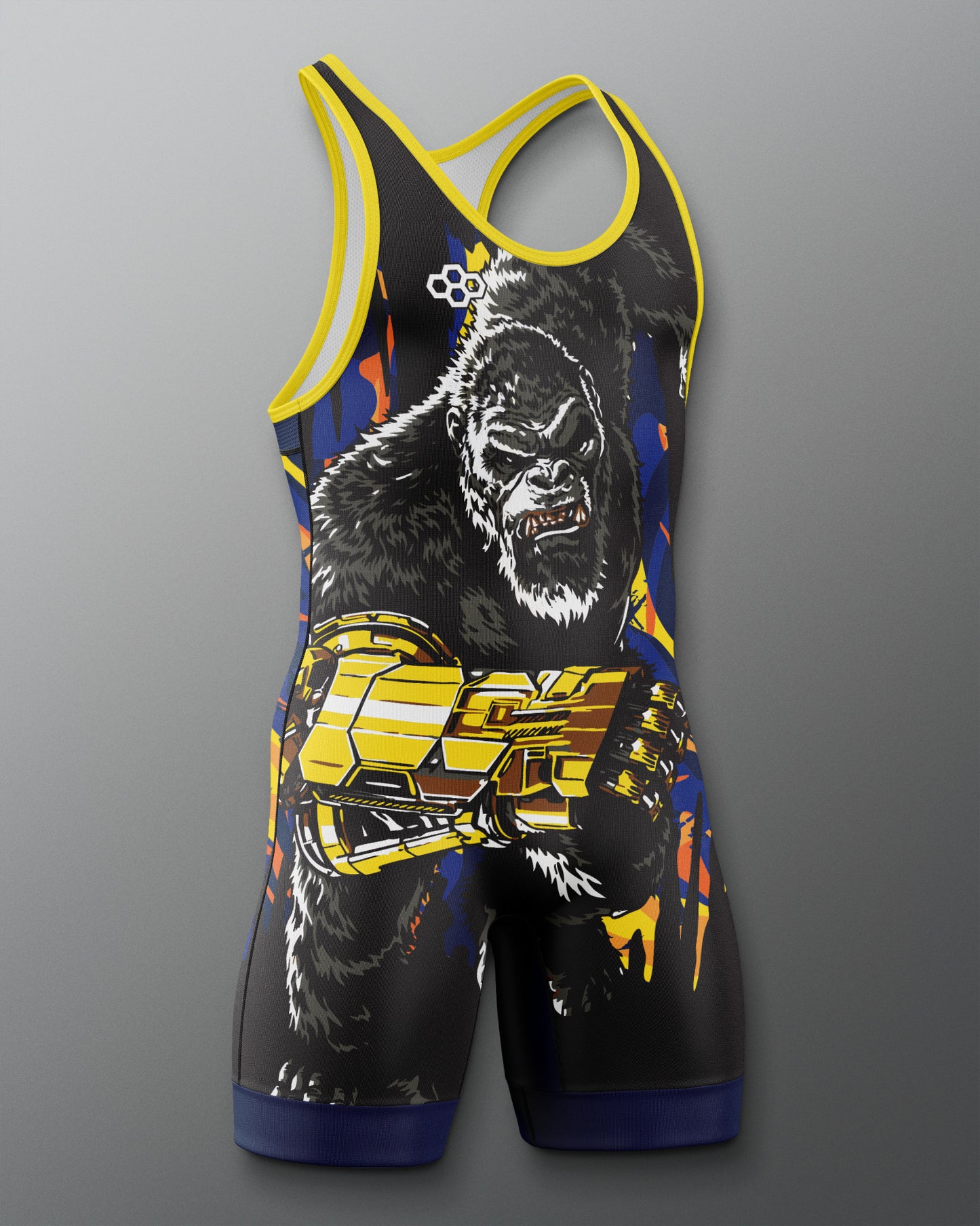 A sleeveless athletic singlet with a black base, featuring a large gorilla graphic, yellow trim, and blue and yellow graphic accents, shown on a gray gradient background.