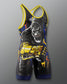 A sleeveless athletic singlet with a black base, featuring a large gorilla graphic, yellow trim, and blue and yellow graphic accents, shown on a gray gradient background.