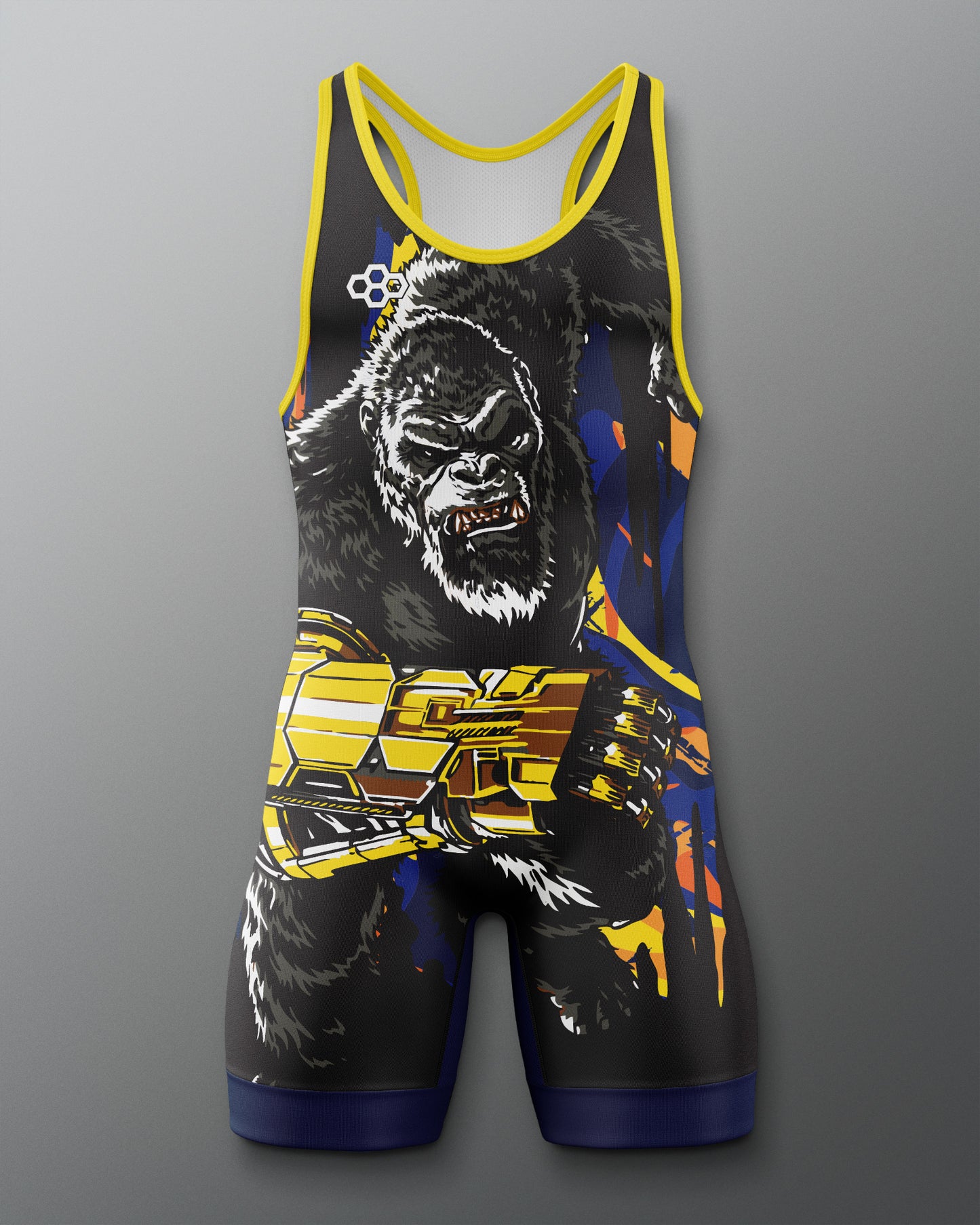 A sleeveless athletic singlet with a gorilla graphic print, featuring yellow shoulder straps and trim, blue leg cuffs, and a bold black, yellow, blue, and orange design on a gray background.