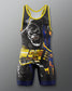 A sleeveless athletic singlet with a gorilla graphic print, featuring yellow shoulder straps and trim, blue leg cuffs, and a bold black, yellow, blue, and orange design on a gray background.