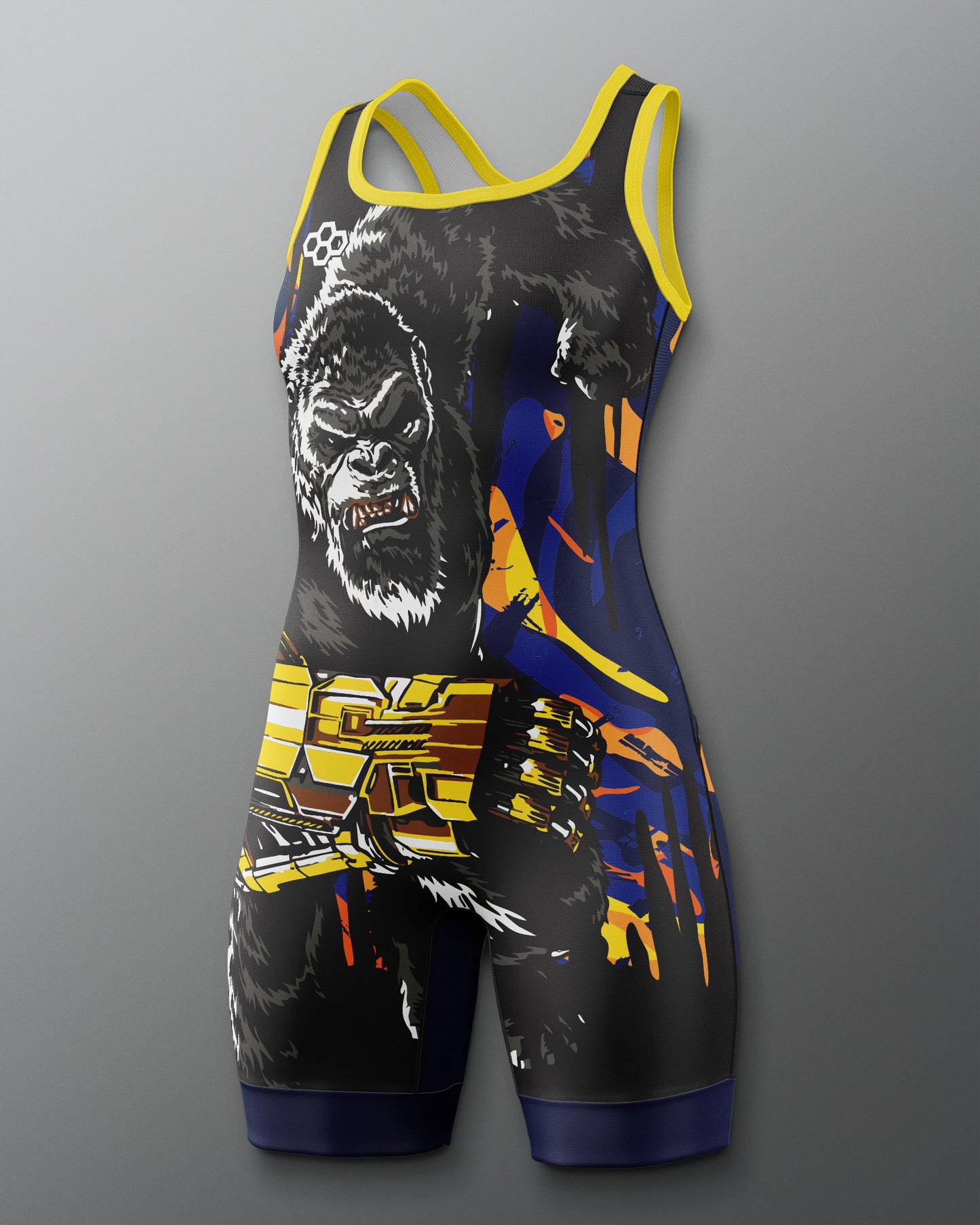 A sleeveless athletic singlet with matching shorts featuring a bold King Kong graphic print in black, white, blue, and yellow, set against a neutral gray background.