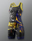 A sleeveless athletic singlet with matching shorts featuring a bold King Kong graphic print in black, white, blue, and yellow, set against a neutral gray background.