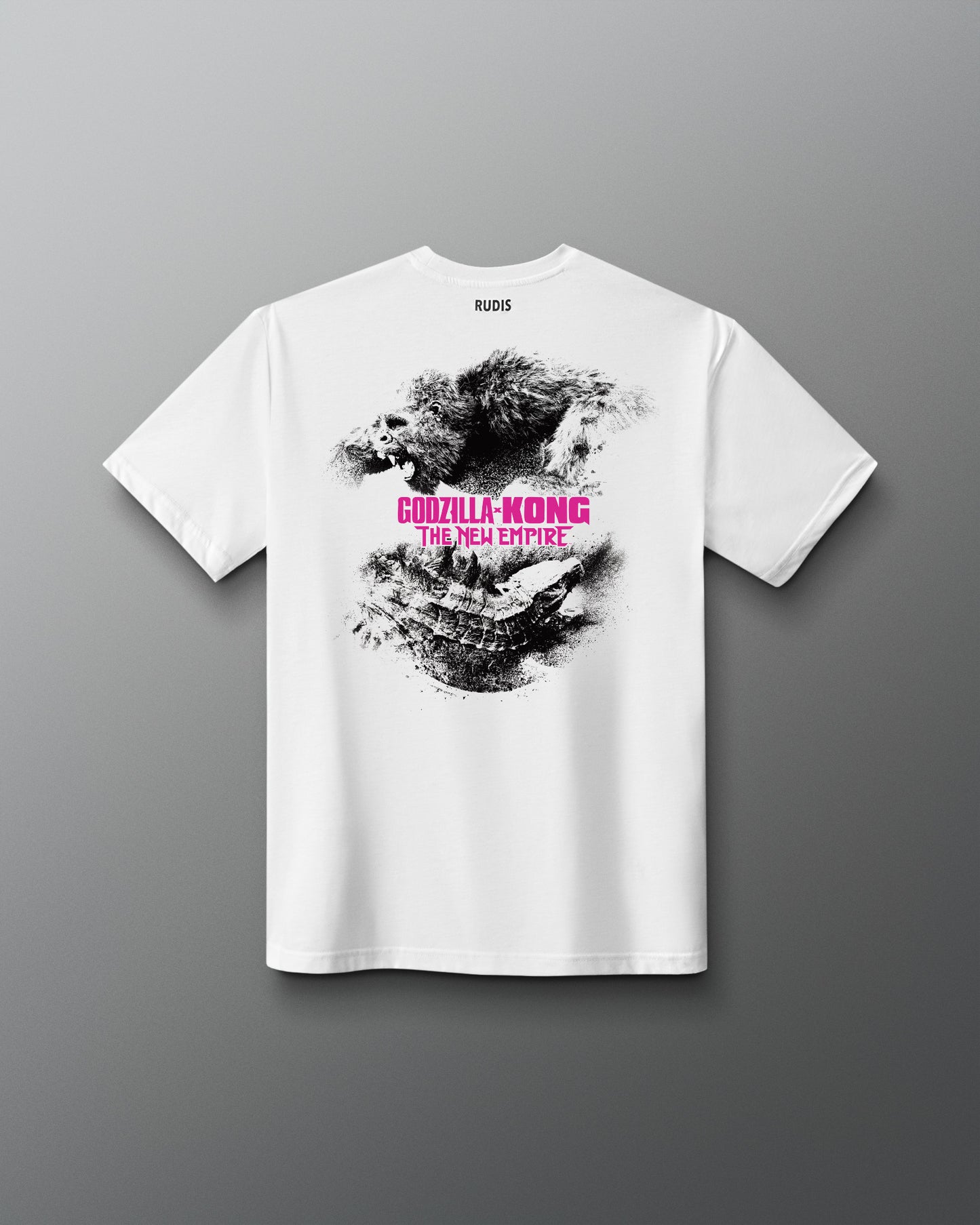 White short-sleeve t-shirt with a black and pink graphic print of Godzilla and the text 'GODZILLA-KONG THE NEW EMPIRE' on the front, shown against a gray gradient background.