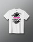 White short-sleeve t-shirt with a black and pink graphic print of Godzilla and the text 'GODZILLA-KONG THE NEW EMPIRE' on the front, shown against a gray gradient background.