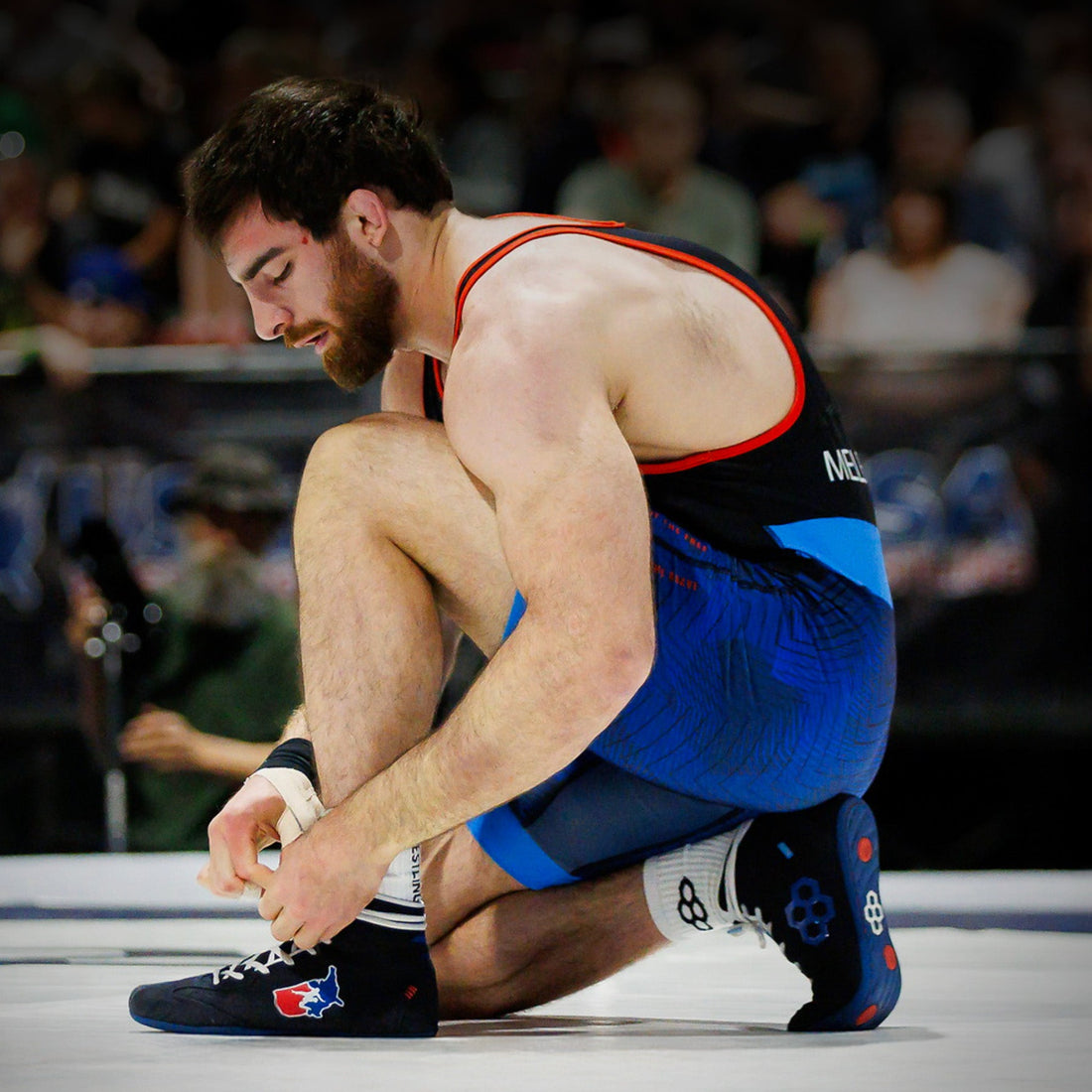 Image of Beka Melelashvili wearing the USA Wrestling RUDIS International wrestling shoes.