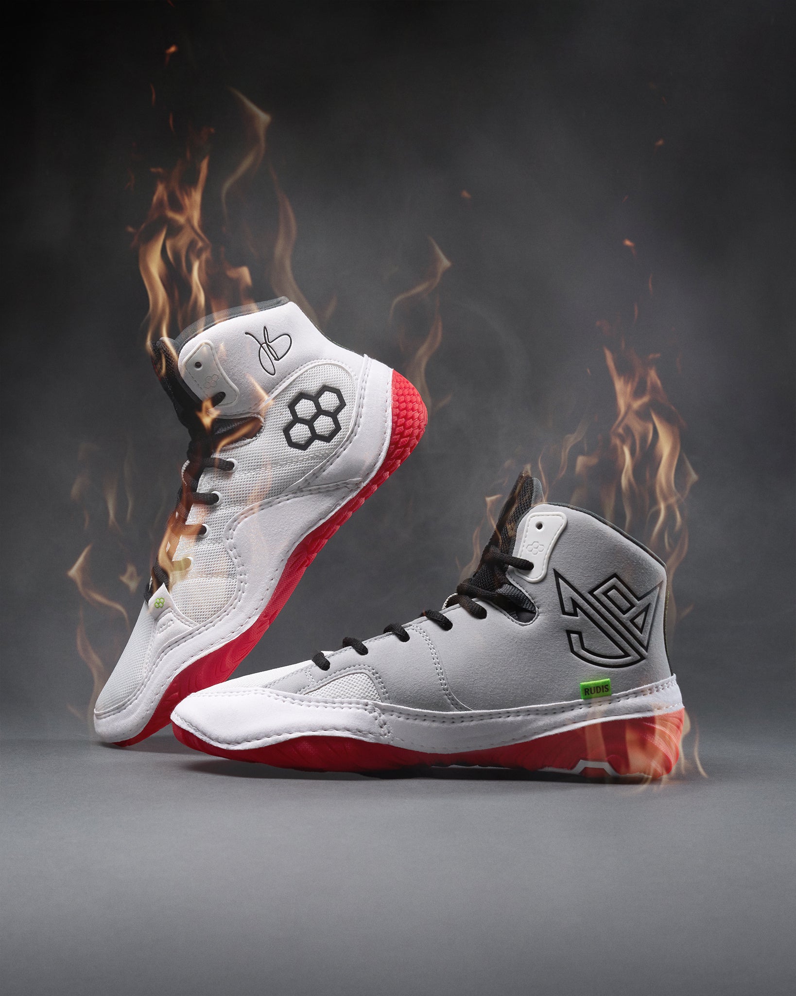 JB1 White Hot wrestling shoes by RUDIS, white wrestling shoes with red outsole designed for traction, speed and mat performance