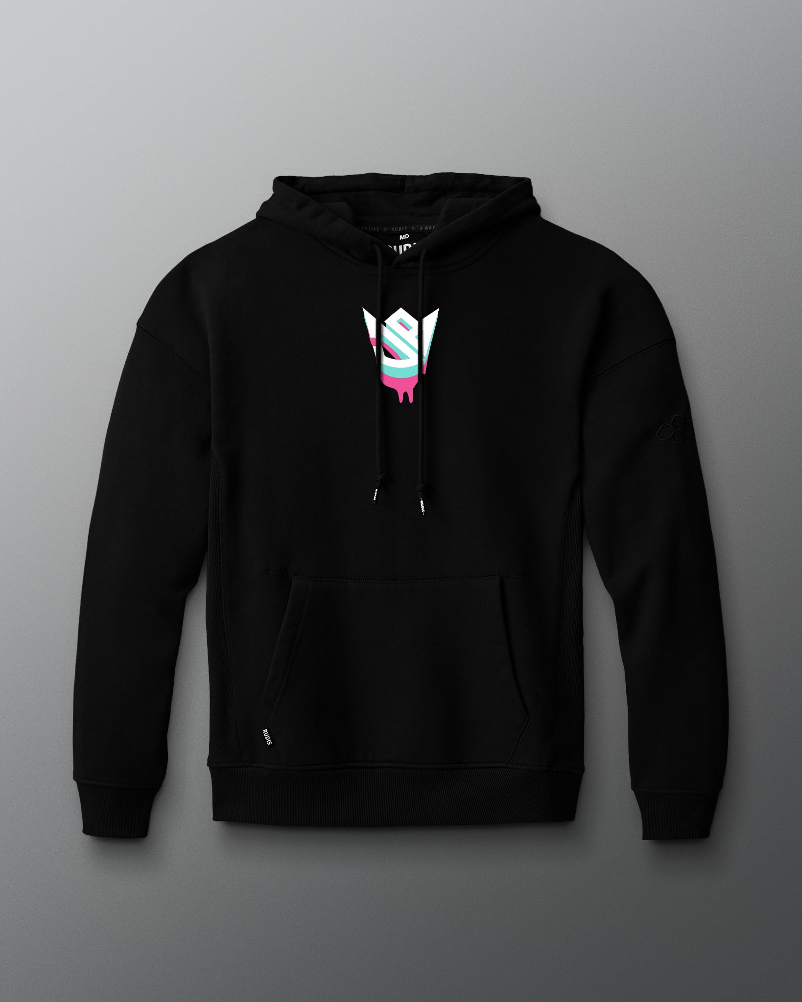 Black hoodie with a colorful logo on a gray background