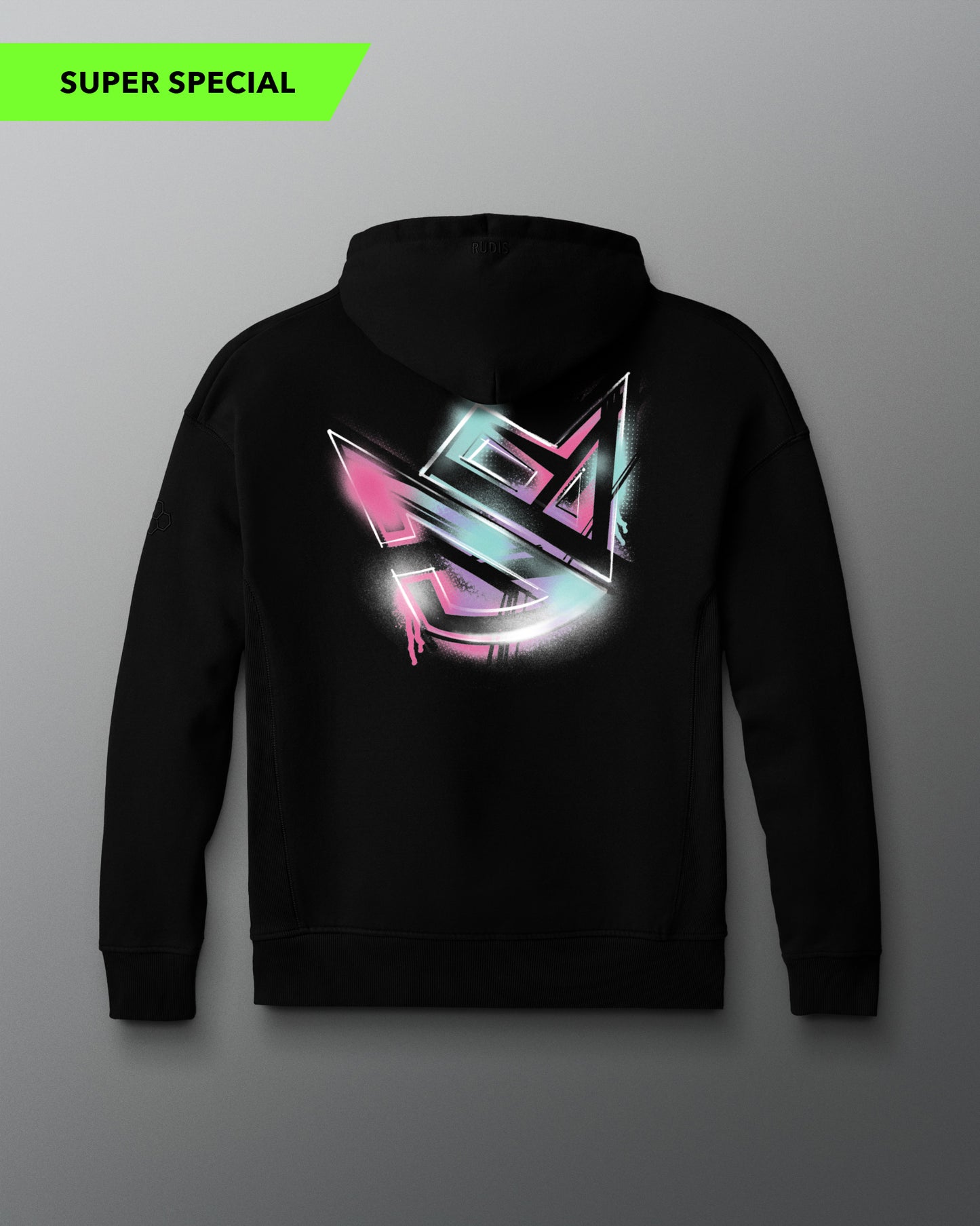 Black hoodie with a colorful geometric design on the back against a gray background