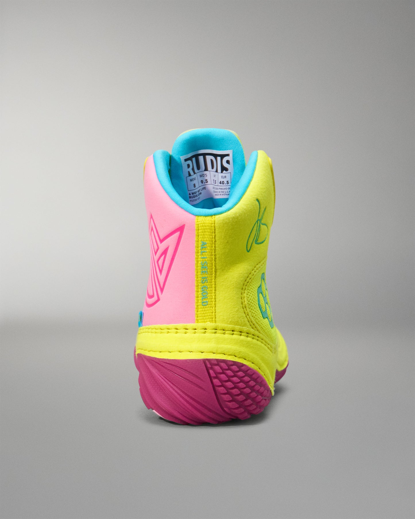 Colorful Wrestling shoe with visible brand name on a gray background