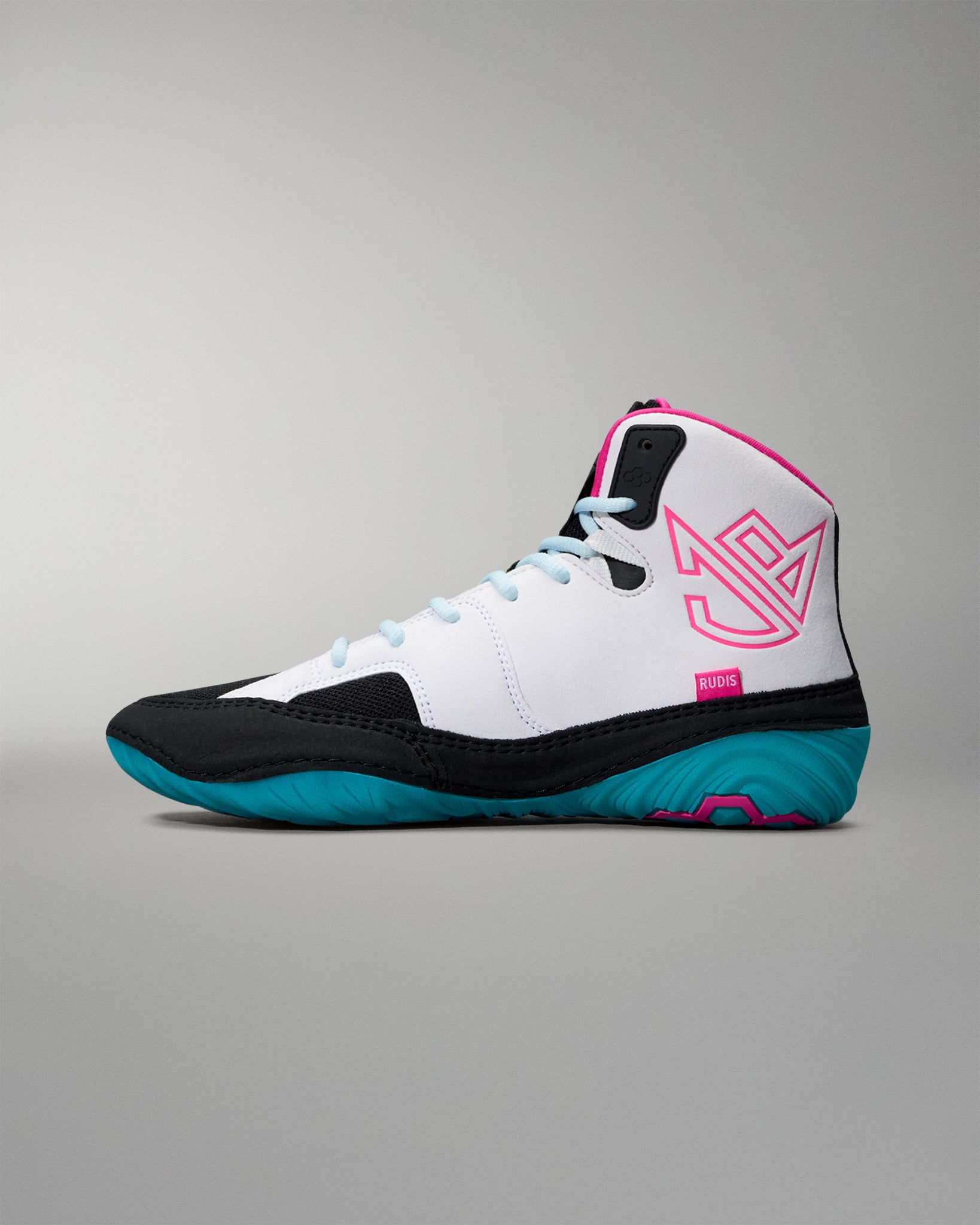 White high-top wrestling shoe with black and blue sole on a gray background
