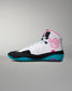 White high-top wrestling shoe with black and blue sole on a gray background