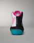 Back view of a wrestling shoe with black, white, and teal design on a gray background