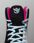 Black and pink wrestling shoe with light blue laces on a gray background