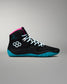Black high-top wrestling shoe with blue sole and pink interior on a gray background