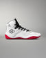 White wrestling shoe with black accents and red soles on a gray background