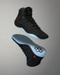 RUDIS JB1 Adult Wrestling Shoes in Dark Shark shown from upper and outsole angles, highlighting the black construction, red RUDIS accents, and light blue traction outsole.