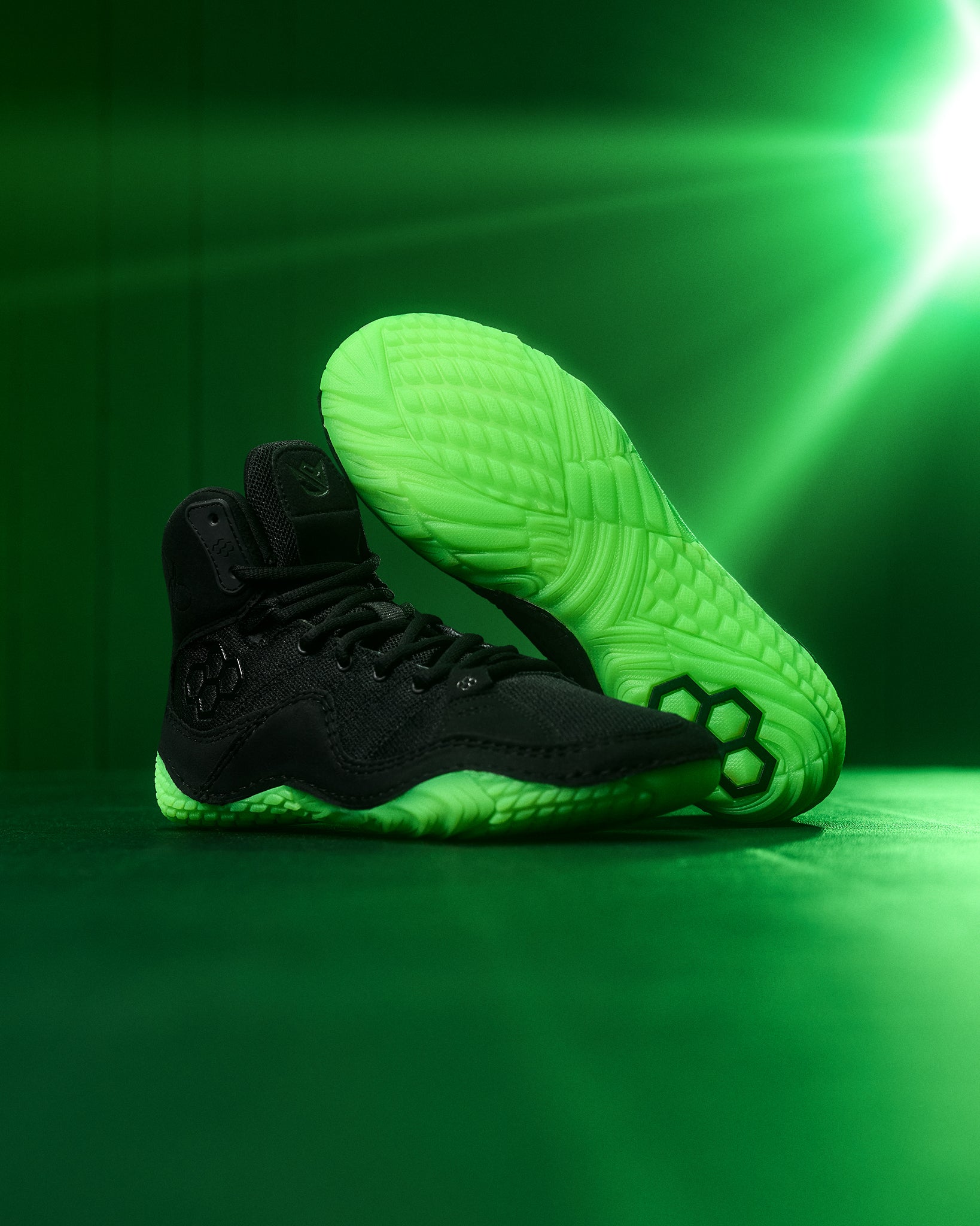 JB1 Make Your Own Luck wrestling shoes by RUDIS, black wrestling shoes with green outsole grip designed for traction and mat control