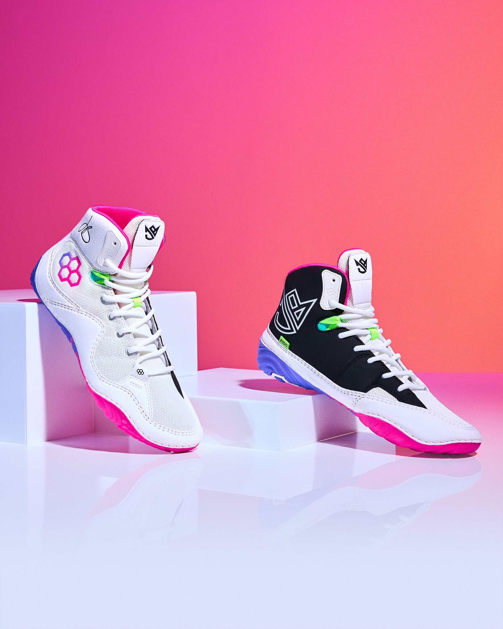 JB1 Neon Surge wrestling shoes by RUDIS, white and black multi color wrestling shoes displayed for lightweight performance and agility