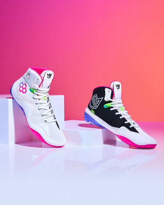 JB1 Neon Surge wrestling shoes by RUDIS, white and black multi color wrestling shoes displayed for lightweight performance and agility
