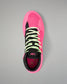A high-top wrestling shoe shown from a top-down view, featuring a vibrant neon pink mesh upper with black overlays, lime green laces, and a matching pink and black collar.