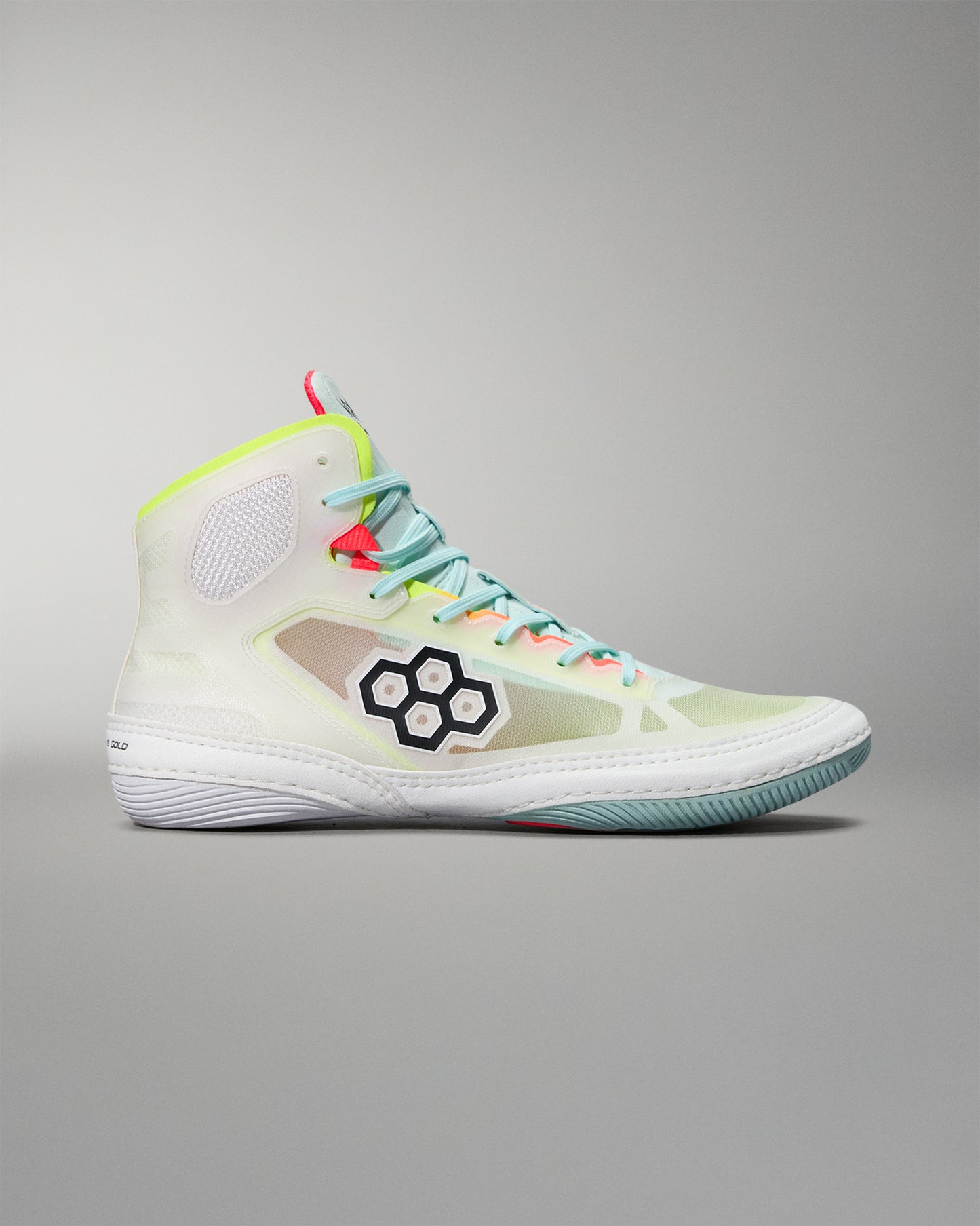 Colorful wrestling  shoe with a RUDIS brand logo on a gray background