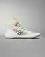 Colorful wrestling  shoe with a RUDIS brand logo on a gray background