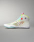 Side view wrestling  shoe with colorful laces on a gray background