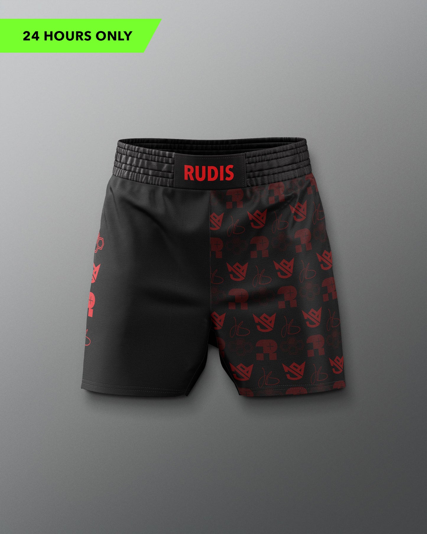 Black shorts with red patterns and 'RUDIS' branding on a gray background