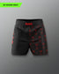 Black shorts with red patterns and 'RUDIS' branding on a gray background