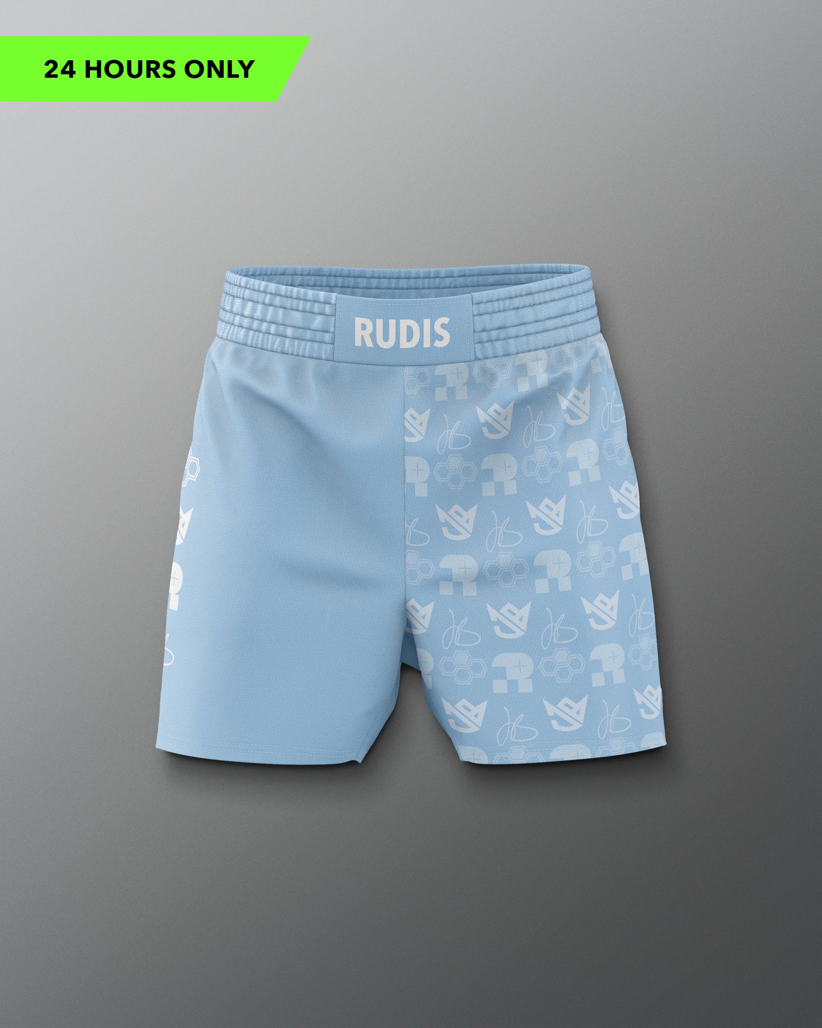 Light blue shorts with a pattern on a gray background