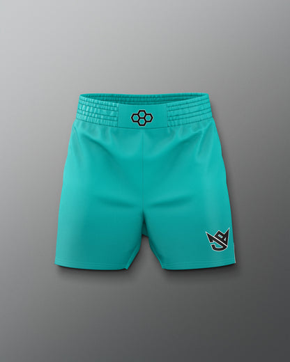 Turquoise shorts with black logos on a gray background