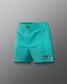 Teal shorts with brand logos on a gray background