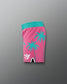 Pink shorts with teal palm tree design on a gray background