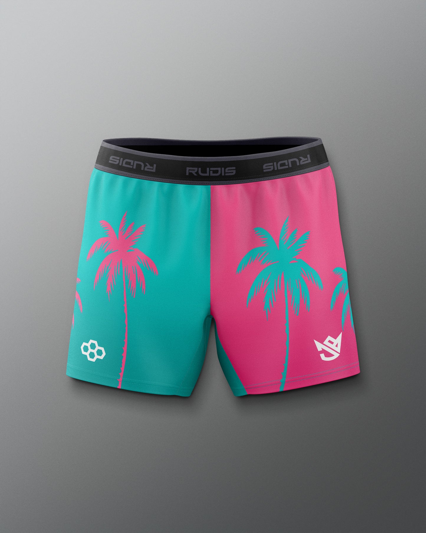 Colorful shorts with palm tree design on a gray background