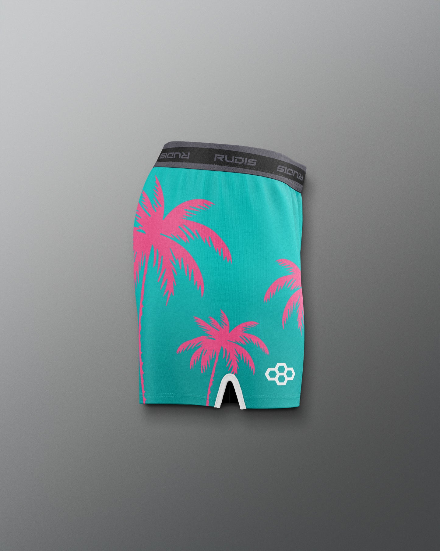 Teal boxer briefs with pink palm tree design on a gray background
