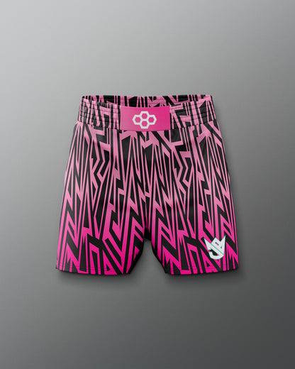Pink and black patterned shorts with a logo on a gray background