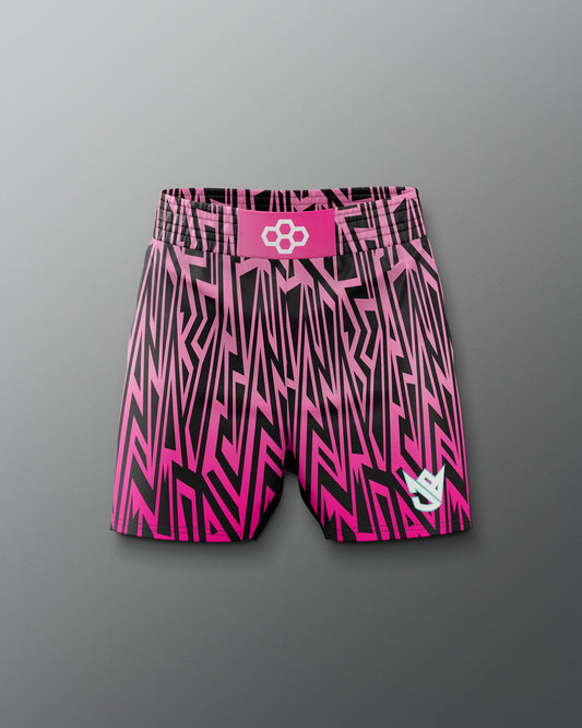 Pink and black patterned shorts with a logo on a gray background
