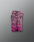 Pink and black geometric patterned shorts on a gray background