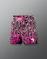 Pink and black patterned shorts with a logo on a gray background