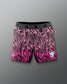 Pink and black patterned shorts with 'RUDIS' branding on a gray background