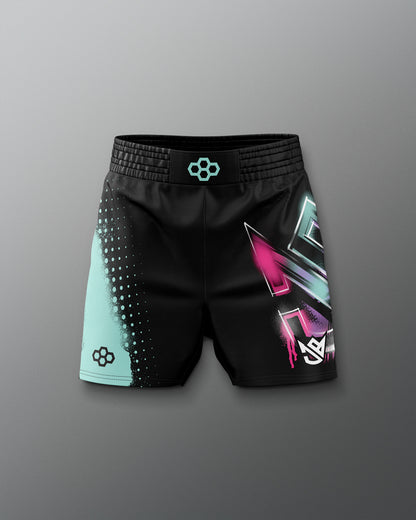Black shorts with colorful geometric designs on a gray background